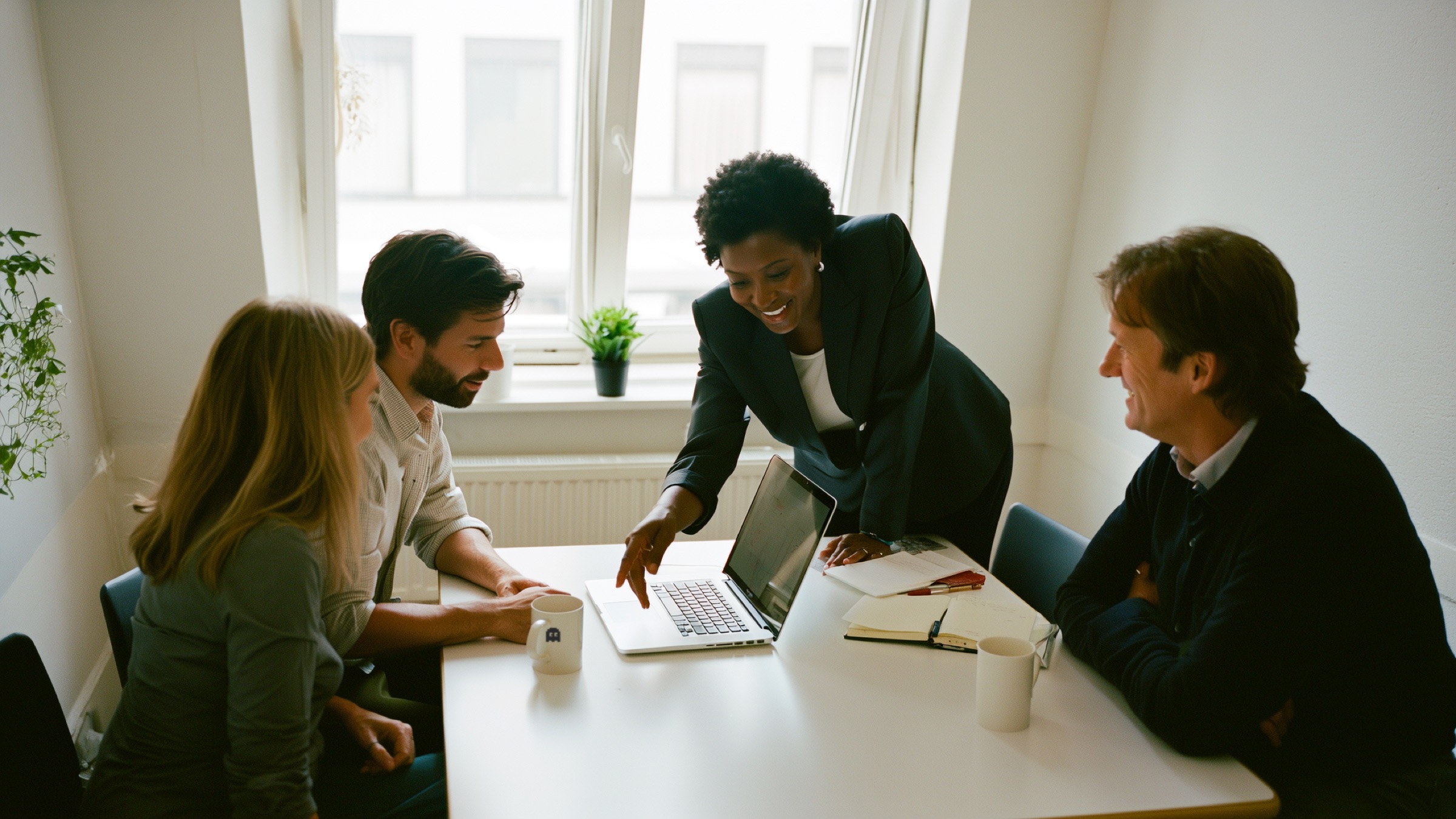 A manager and their team talking around a meeting table.